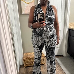 Black & White Printed Halter Jumpsuit - Sleeveless V-Neck